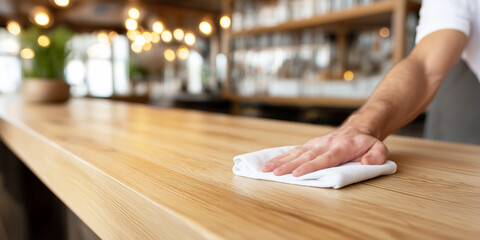 Bartender wiping wooden bar counter, cleaning service preparing for opening, ensuring hygiene for customers