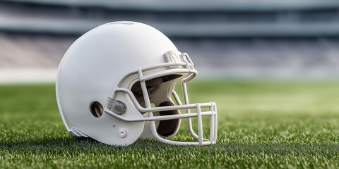 American football helmet on field depicting sports health, athlete safety, concussion awareness, and protective gear