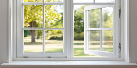 White casement window opening to a blurred green garden, letting in fresh air and light, bringing nature indoors