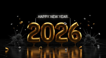 A vibrant 3D rendering of '2026' in golden balloon numbers for New Year celebration on a dark background.
