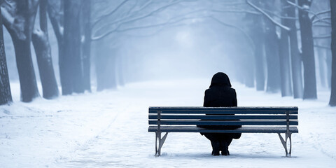 Woman sitting alone on a park bench in snowy winter landscape, contemplating solitude and loneliness