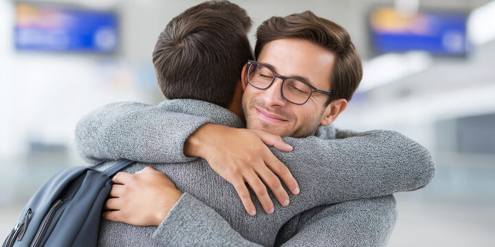 Two men embracing, experiencing heartfelt joy and emotional connection during a long awaited reunion at an airport