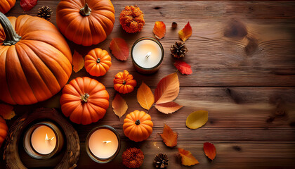 Halloween Flat Lay Autumn Themed Arrangement With Pumpkins Candles And Colorful Leaves On A Rustic Wooden Surface