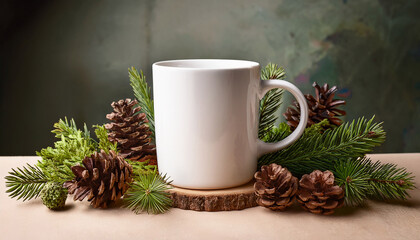Rustic White Mug Surrounded By Pinecones And Evergreen Decor