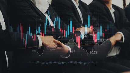 A group of business professionals engaged in a financial analysis, highlighted by a stock market graph overlay, showcasing teamwork in a modern office setting. Raster - Powered by Adobe