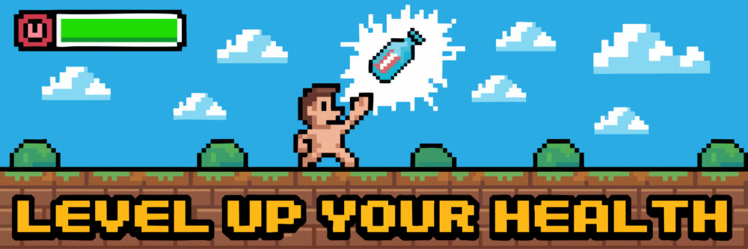 Retro 8 bit game banner with pixel art character leveling up health using potion, blue sky landscape and health bar HUD