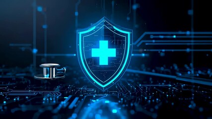 Digital healthcare security shield with medical cross over network circuitry highlighting data protection technology and modern health systems - Powered by Adobe