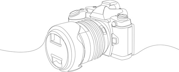 Continuous one line drawing of camera. Micro four thirds vector illustration. Minimalist DSLR design hand drawn.