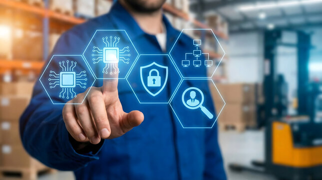 Engineer or worker touching virtual interface of supply chain management,microchip,logistics and cybersecurity,concept of smart industry 4.0,manufacturing and factory automation. - Powered by Adobe