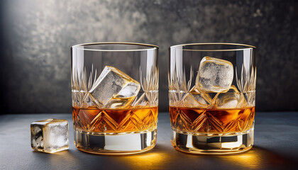 Two Elegant Whisky Glasses With Ice Cubes Glisten In Soft Light Against A Textured Gray Background