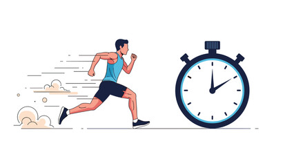 Dynamic illustration of a man running at high speed alongside a large stopwatch, symbolizing time efficiency and athletic performance.