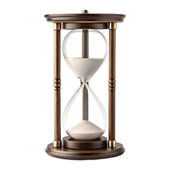 Wooden hourglass with brass accents and white sand flowing in a glass container isolated on a transparent background