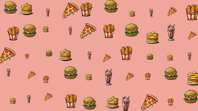 Background pattern featuring pixelated fast food items, perfect for menus, websites, and digital designs needing a fun and colorful touch.