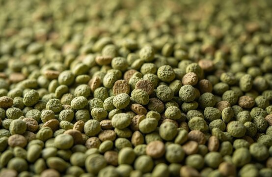 Pile of compressed green alfalfa pellets used as animal fodder. This natural plant based food is rich in protein fiber and vitamins. Ideal for livestock nutrition and farming.
