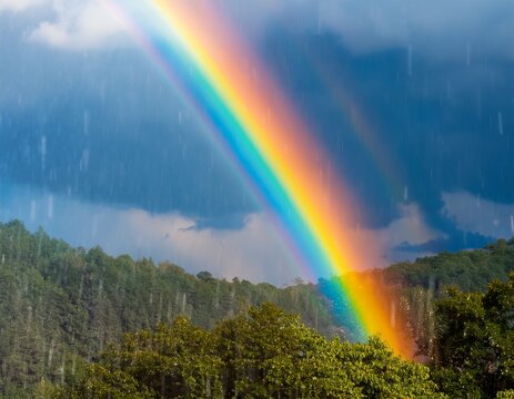 a gentle sun shower brings light rain and a partially formed rainbow contrasting the sky