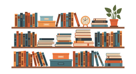 Three-tier bookshelves packed with colorful books, storage boxes, a round clock, and a small potted plant on the top shelf for home office.