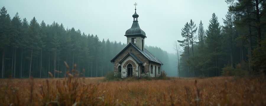 Old orthodox church stands in a field surrounded by a dense forest. Ruined building with broken windows and crumbling facade. Overgrown nature obscures this forgotten place of worship and its history.
