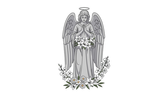 Serene stone angel statue with large wings and folded hands, holding a bouquet of white lilies and surrounded by white flowers.