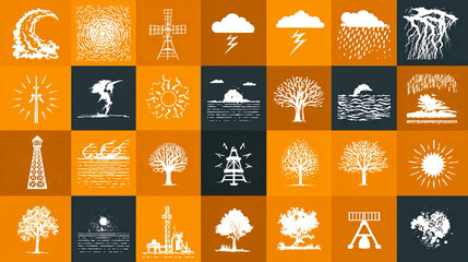 Expanded extreme weather icon collection demonstrating atmospheric volatility patterns, global hazard escalation signals, environmental instability markers, climate threat amplification,  