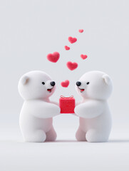 Two cartoon bears joyfully exchanging colorful gift boxes surrounded by floating hearts, celebrating love and friendship in a cheerful illustration