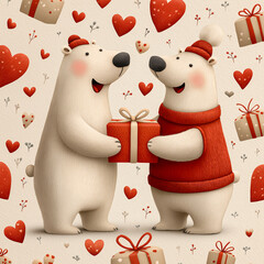 Two cartoon bears joyfully exchanging colorful gift boxes surrounded by floating hearts, celebrating love and friendship in a cheerful illustration
