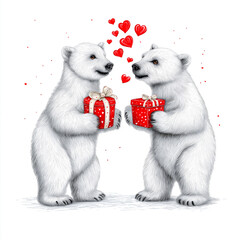 Two cartoon bears joyfully exchanging colorful gift boxes surrounded by floating hearts, celebrating love and friendship in a cheerful illustration