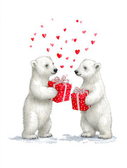 Two cartoon bears joyfully exchanging colorful gift boxes surrounded by floating hearts, celebrating love and friendship in a cheerful illustration