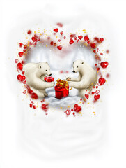 Two cartoon bears joyfully exchanging colorful gift boxes surrounded by floating hearts, celebrating love and friendship in a cheerful illustration