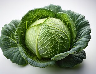 Obraz premium fresh whole green cabbage with tightly packed leaves and outer leafy layers showing natural texture and veins on a white background