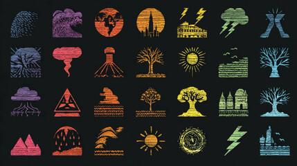 Expanded extreme weather icon collection demonstrating atmospheric volatility patterns, global hazard escalation signals, environmental instability markers, climate threat amplification,  