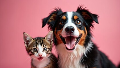 Happy dog and cute kitten look forward, smiling against pink background. Adorable pets interact, showing friendship and affection. Domestic animals ready for playtime fun together.