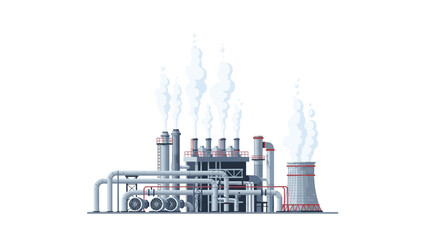 Modern industrial plant with an array of towering smokestacks, complex piping systems, and a large cooling tower emitting smoke.