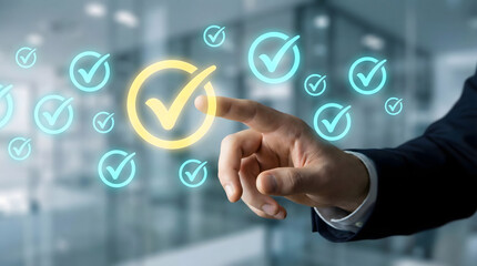Businessman hand choosing correct check mark icon on virtual screen,quality control and compliance concept,standard validation and approved result certification system.