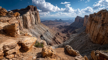 Expansive lithosphere landscape highlighting rugged stone formations, layered mineral strata, fractured rock textures, earthy tonal patterns, and dramatic terrestrial depth  