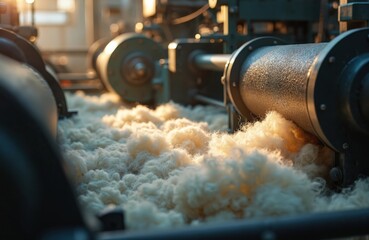 Industrial machine processes raw wool fibers in a factory setting. Large rollers and automated equipment create textile materials from fluffy fiber. Production line creates yarn for fabrics.