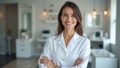 Smiling woman doctor in white lab coat crosses arms in clinic office. Dermatologist poses confidently ready for patient consultation. Pro medical care provider in beauty salon.