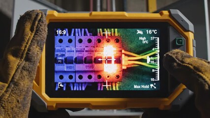 Deep within the heart of an industrial setting, skilled hands examine electrical circuits using a thermal camera. Vibrant colors reveal temperature variations, ensuring system efficiency and safety.