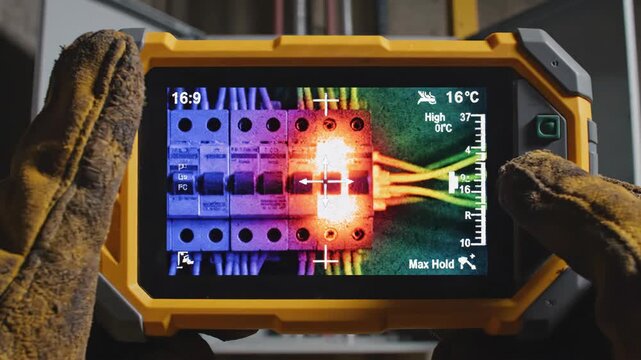 Deep within the heart of an industrial setting, skilled hands examine electrical circuits using a thermal camera. Vibrant colors reveal temperature variations, ensuring system efficiency and safety.