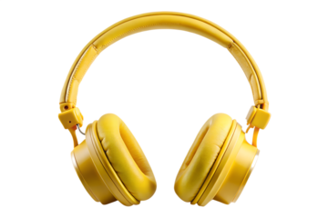 Bright yellow over-ear headphones with cushioned ear cups and adjustable headband isolated on a transparent background