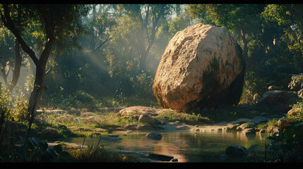 Massive Stone Resting Amidst Flowing Natural Elements