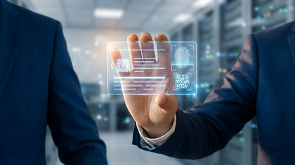 Businessman holding futuristic transparent id card with fingerprint scan,biometric security system concept,digital identity verification technology in data center,cyber safety access.