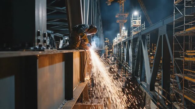 Amidst glowing lights and tall structures, skilled artisans transform steel beams into a breathtaking skyline during the night. Creative energy flows as sparks fly.