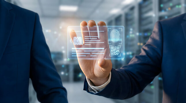 Businessman holding futuristic transparent id card with fingerprint scan,biometric security system concept,digital identity verification technology in data center,cyber safety access. - Powered by Adobe