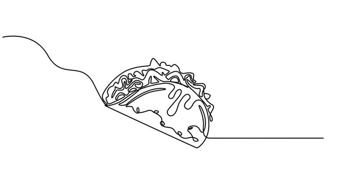 Animated self drawing of  continuous single drawn one line taco hand-drawn picture silhouette. One continuous line drawing of Tacos food vector illustration. Traditional food  Animated, motion, video,