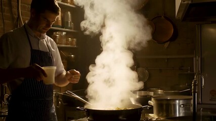 Professional chef cooking over hot stove with rising steam in restaurant kitchen showing intense heat craftsmanship and focused culinary work