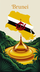 Fototapeta premium Brunei travel poster with golden mosque dome, lush tropical rainforest landscape and national map flag illustration