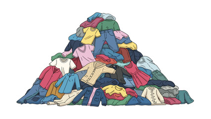 Enormous, colorful pile of various garments including shirts, pants, and dresses, illustrating a daunting amount of laundry work.