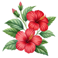 Vibrant red hibiscus flowers with green leaves and buds in watercolor painting style isolated on a transparent background