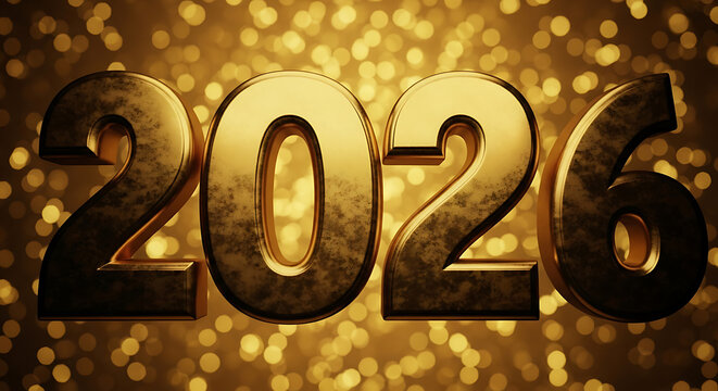 Luxurious Golden Metallic Numbers 2026 Against a Dazzling Bokeh Background Celebrating the New Year - Powered by Adobe
