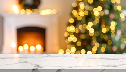 Empty White Marble Tabletop with Blurred Christmas Tree and Fireplace Background
